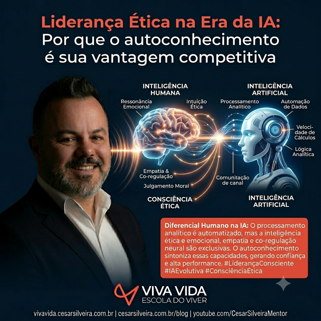 Ilustração conceitual sobre liderança ética e autoconhecimento na era da inteligência artificial