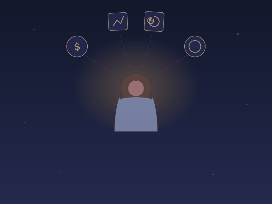 Ilustração simbólica do Princípio do Mentalismo: uma mente pensante conectada por linhas a símbolos financeiros, representando como pensamentos constroem a realidade financeira