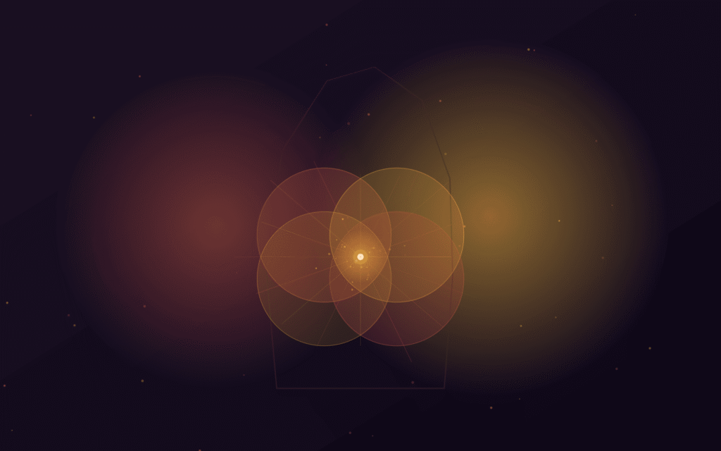 Ilustração abstrata simbolizando ikigai e dharma hermético: quatro círculos coral e âmbar se sobrepondo em torno de um núcleo luminoso, representando a interseção que revela o propósito de vida.