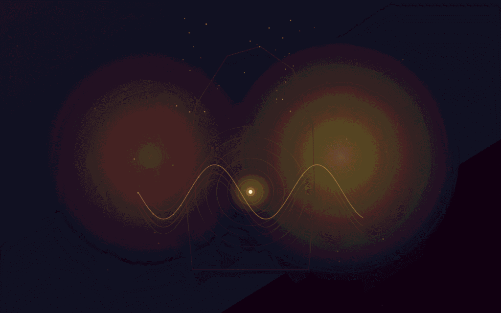Ilustração abstrata simbolizando o sono profundo: uma onda lenta e ampla em âmbar sob um céu estrelado, com um núcleo luminoso central representando a restauração noturna.